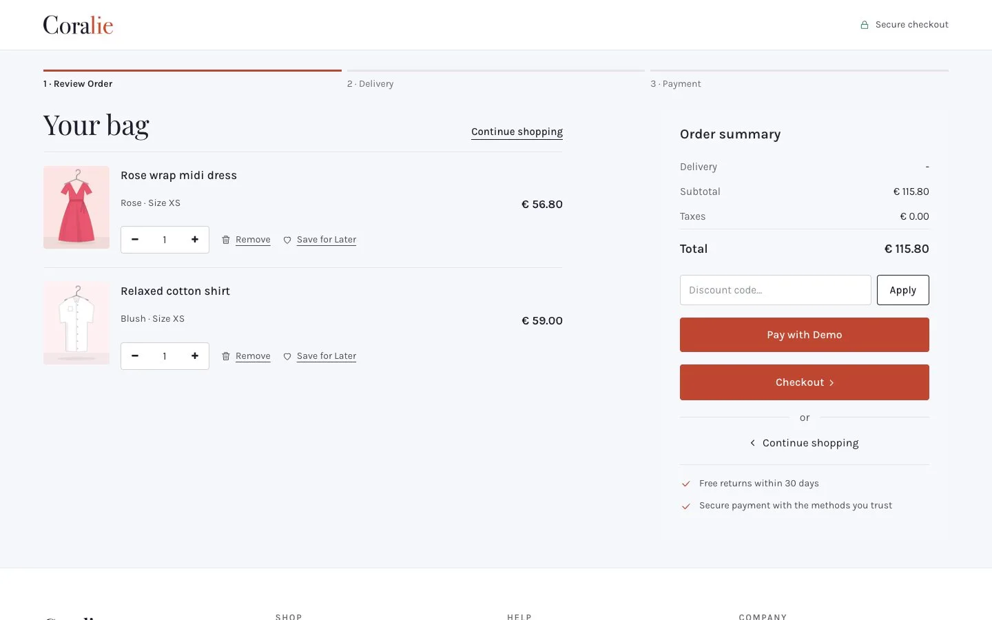 Coralie cart and checkout