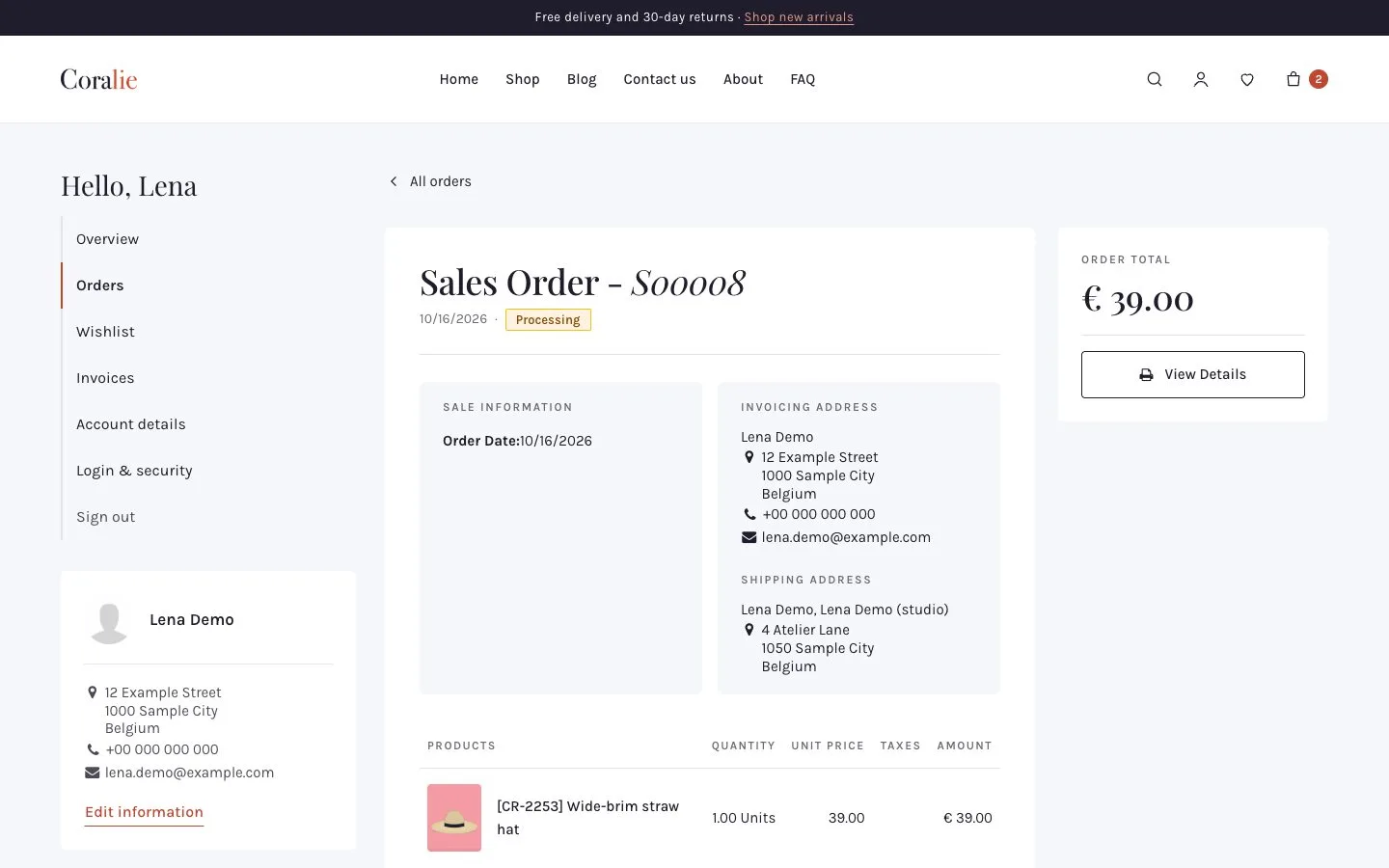 Coralie customer account order page