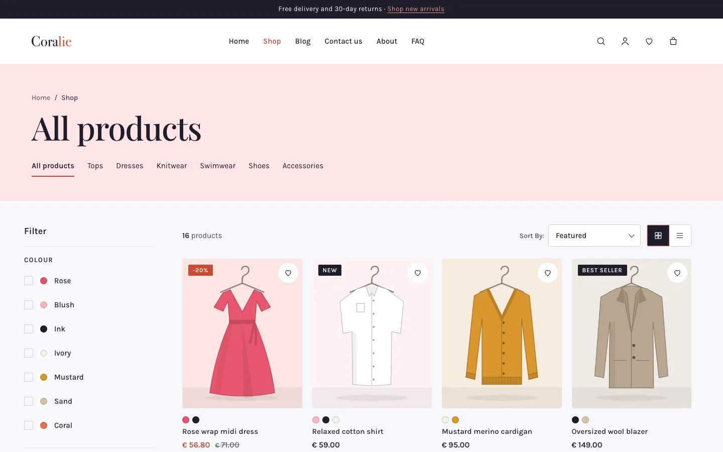 Coralie shop page with filters and product cards